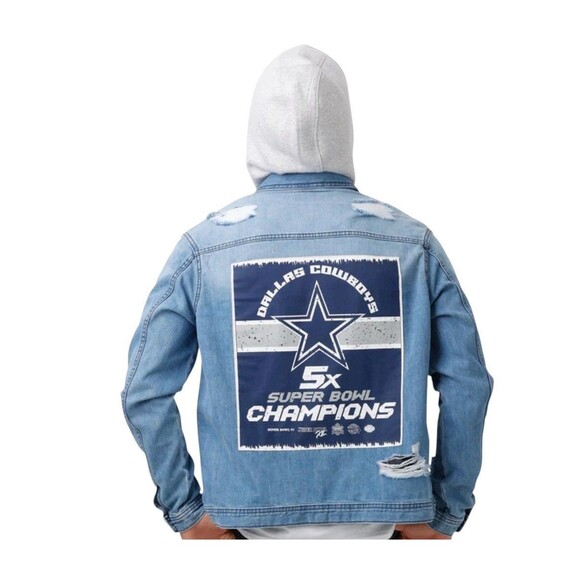 DALLAS COWBOYS 5X SUPER BOWL CHAMPS DENIM JEAN JACKET MENS L hooded Distressed - Picture 1 of 8